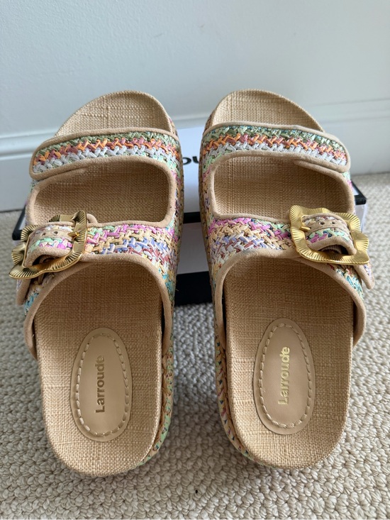 Larroude Shoes - New in Box Larroude Multicolor Woven Buckle Slide Sandals - Tan Base size 9.5